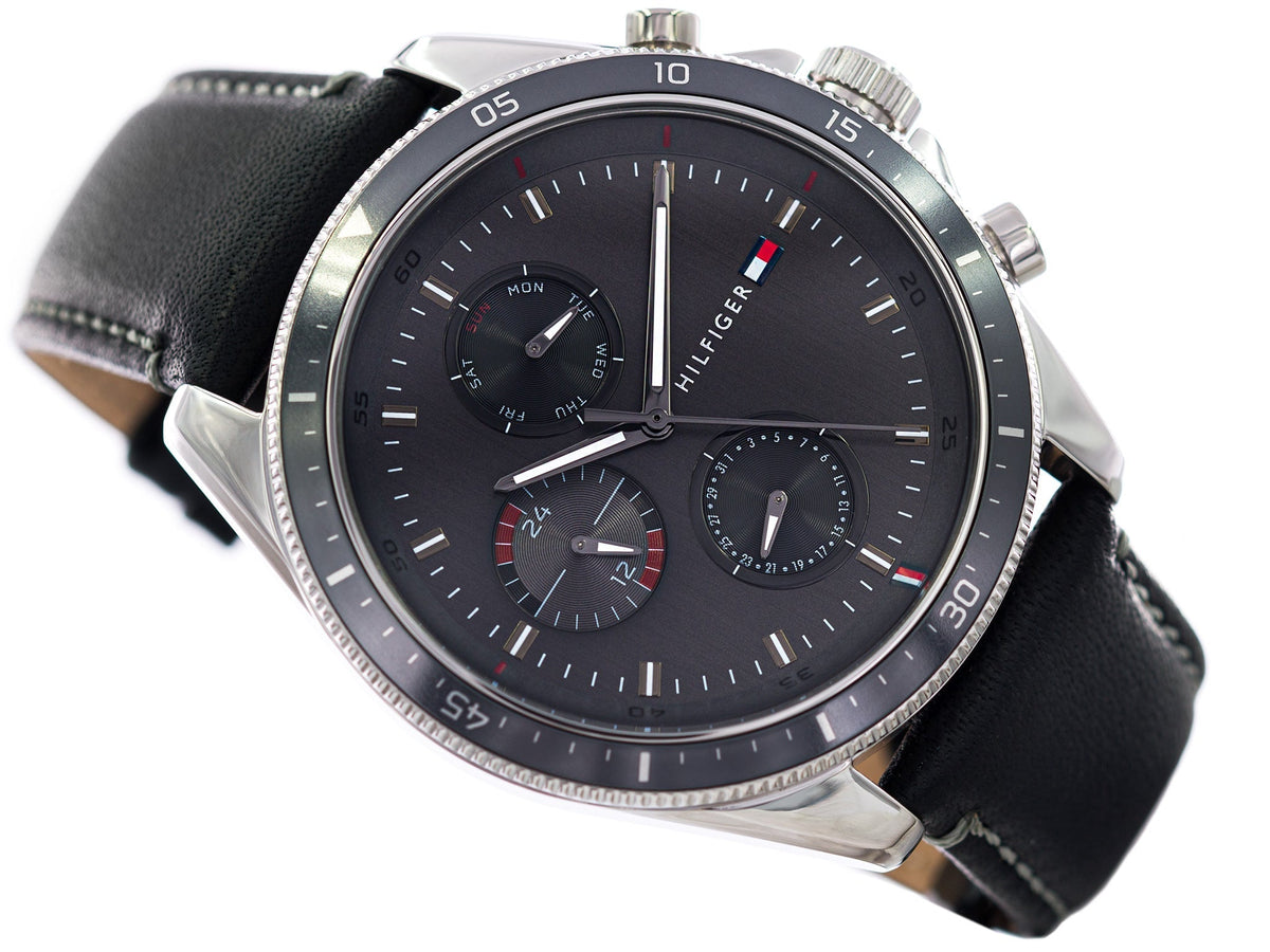 Shop Authentic Tommy Hilfiger Parker Chronograph Quartz Grey Dial Black Leather Strap Watch For Men - 1791838 - Luxxuri