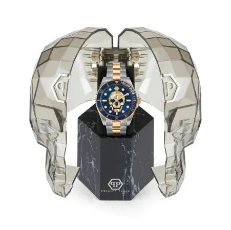Philipp Plein The $kull Diver Blue Dial Silver With Gold Stainless Steel Strap Watch For Men- PWOAA0722