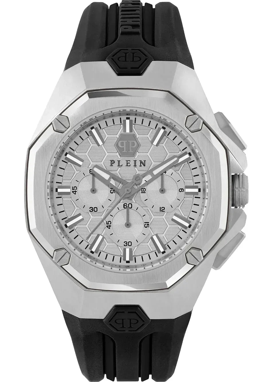Philipp Plein Octagon Silver Dial Black Silicone Strap Watch for Men - PWTBA0123