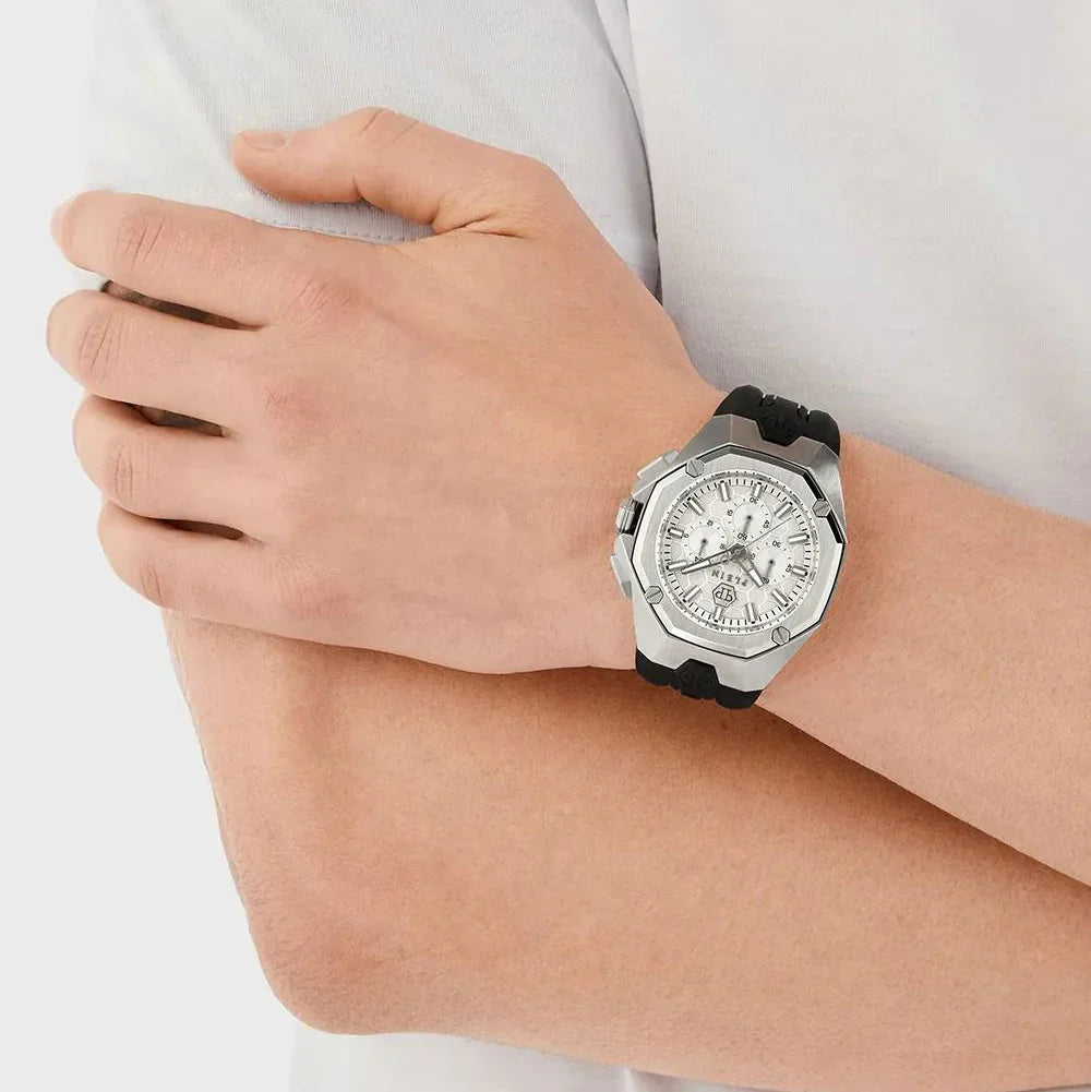 Philipp Plein Octagon Silver Dial Black Silicone Strap Watch for Men - PWTBA0123