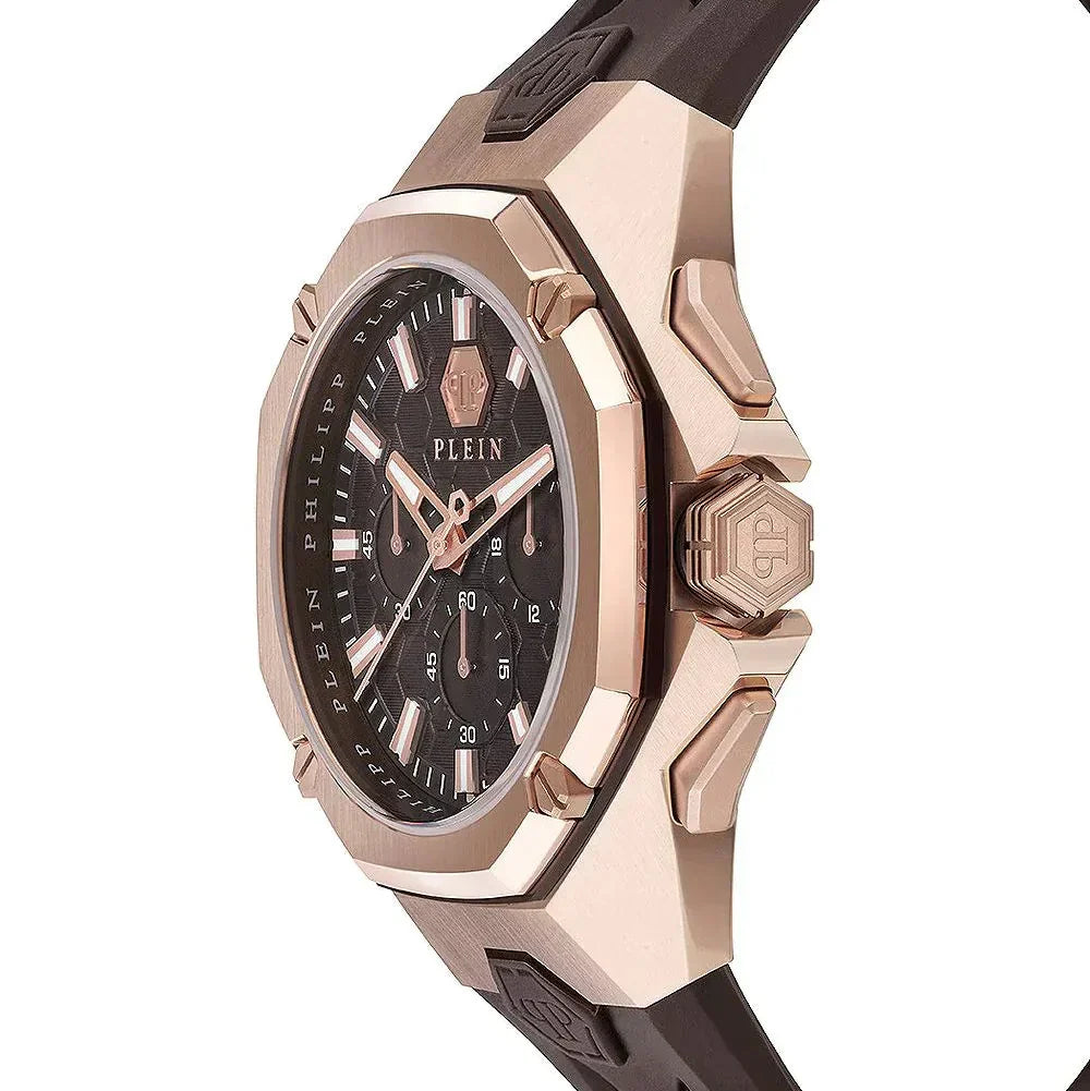 Philipp Plein Octagon Rose Gold Dial Brown Silicone Strap Watch for Men - PWTBA0223