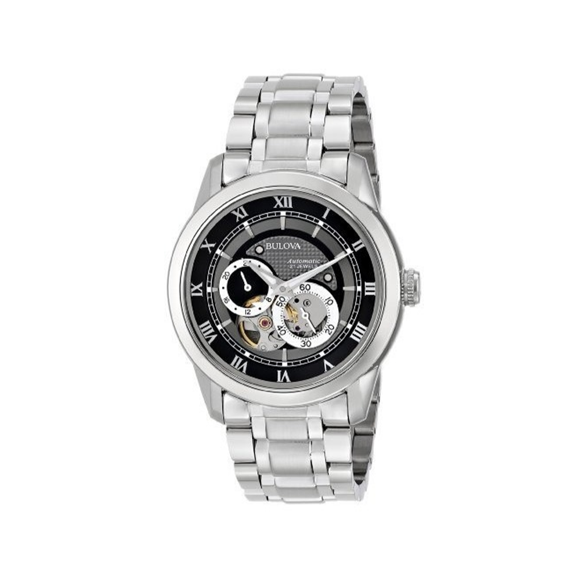 Shop Authentic Bulova BVA Dual Aperture Black Dial Silver Steel Strap Watch for Men - 96A119 - Luxxuri