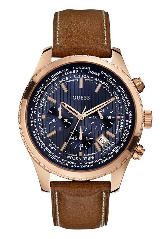 Shop Authentic Guess Persuit Chronograph Blue Dial Brown Leather Strap Watch for Men - W0500G1 - Luxxuri