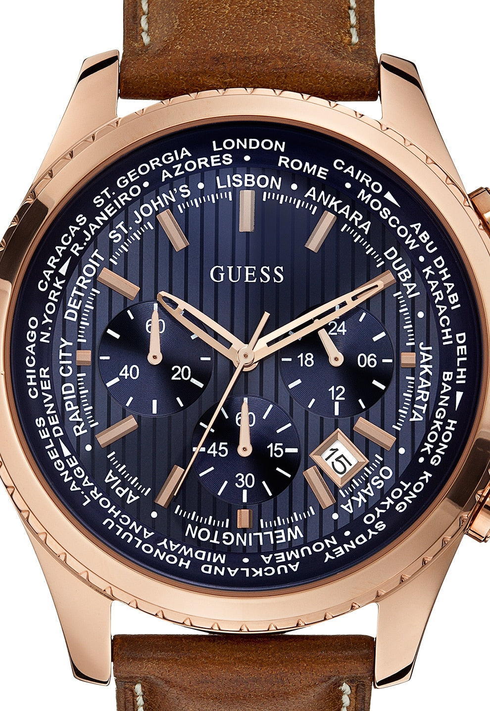 Shop Authentic Guess Persuit Chronograph Blue Dial Brown Leather Strap Watch for Men - W0500G1 - Luxxuri