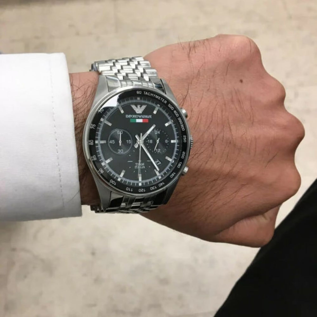 Shop Authentic Emporio Armani Sportivo Chronograph Black Dial Silver Steel Strap Watch For Men - AR5984 - Luxxuri