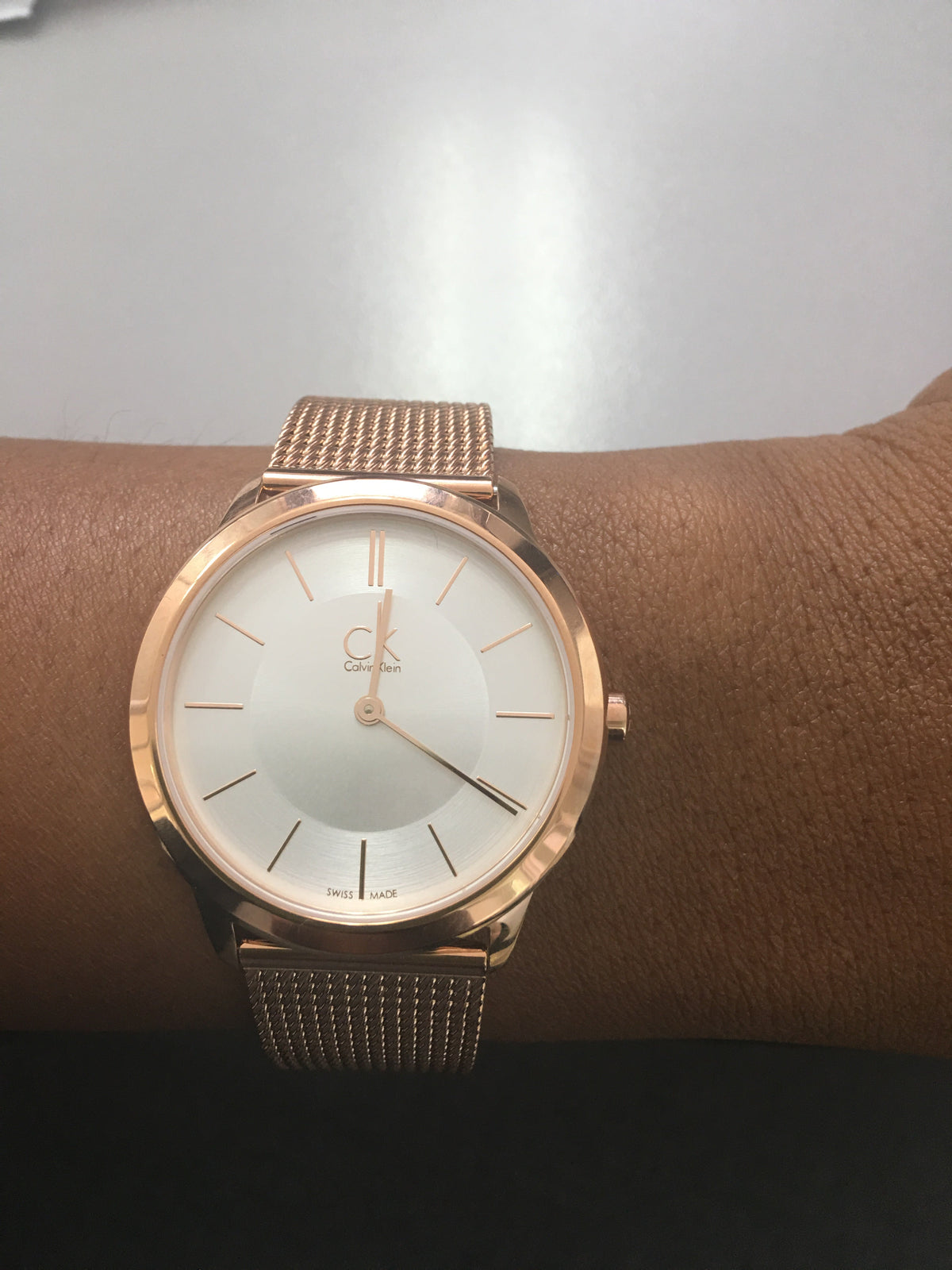 Calvin Klein Minimal White Dial Rose Gold Mesh Bracelet Watch for Women - K3M22626