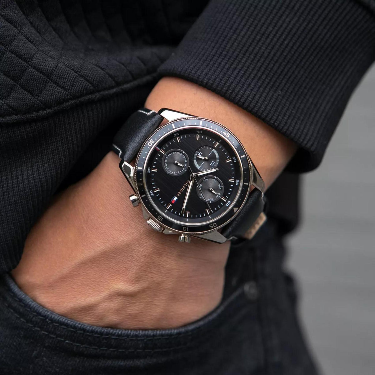 Shop Authentic Tommy Hilfiger Parker Chronograph Quartz Grey Dial Black Leather Strap Watch For Men - 1791838 - Luxxuri