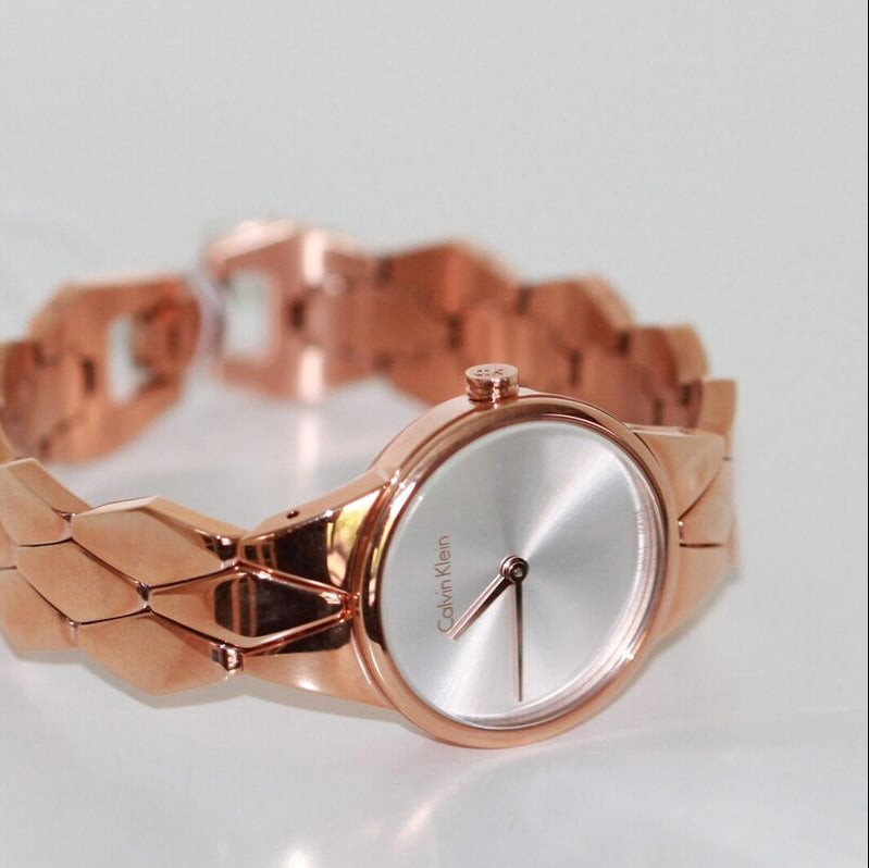 Shop Authentic Calvin Klein Snake Silver Dial Rose Gold Steel Strap Watch For Women - K6E23646 - Luxxuri