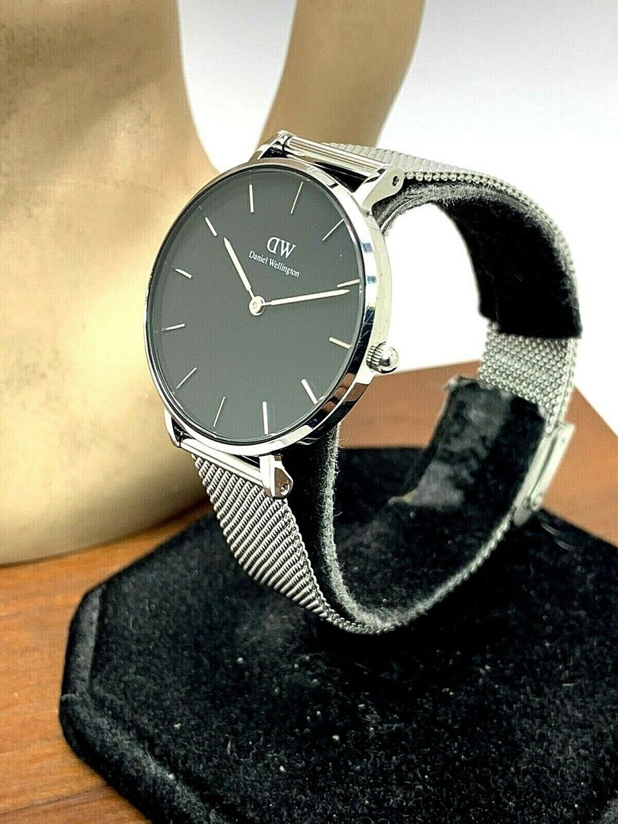 Shop Authentic Daniel Wellington Classic Petite Sterling Black Dial Silver Mesh Bracelet Watch For Women - DW00100162 - Luxxuri