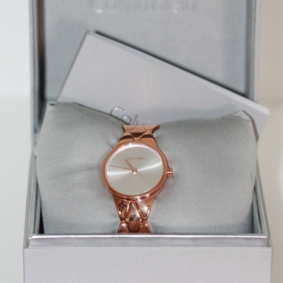 Shop Authentic Calvin Klein Snake Silver Dial Rose Gold Steel Strap Watch For Women - K6E23646 - Luxxuri