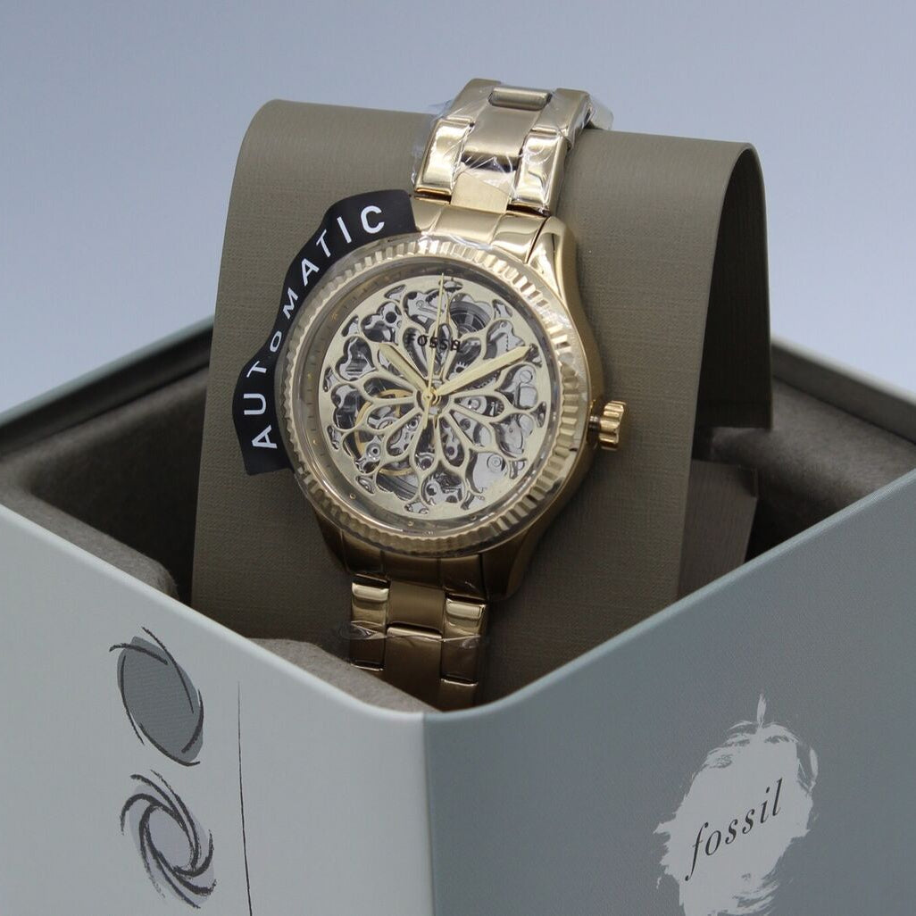 Fossil Rye Automatic Skeleton Gold Dial Gold Steel Strap Watch for Women - BQ3755