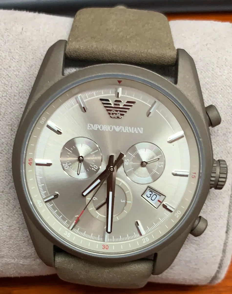 Shop Authentic Emporio Armani Sportivo Chronograph Silver Dial Brown Leather Strap Watch For Men - AR6076 - Luxxuri