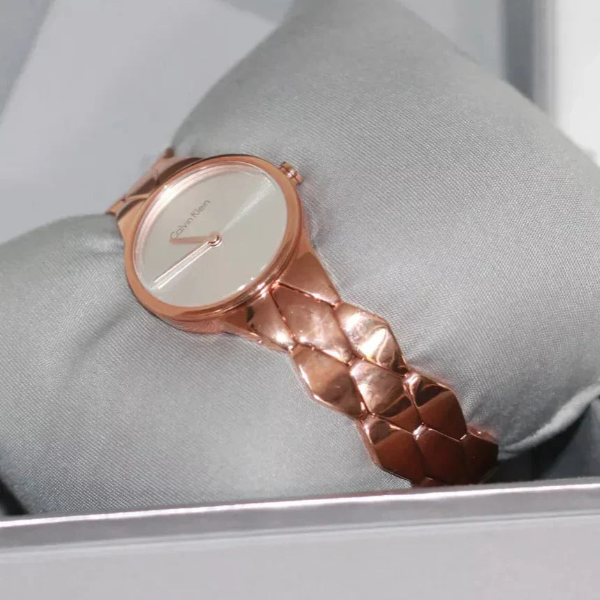 Shop Authentic Calvin Klein Snake Silver Dial Rose Gold Steel Strap Watch For Women - K6E23646 - Luxxuri