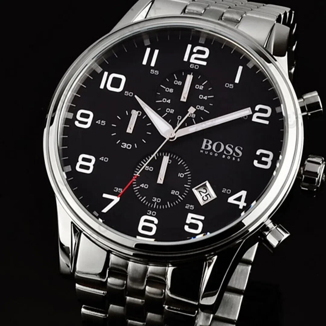 Shop Authentic Hugo Boss Aeroliner Chronograph Black Dial Silver Steel Strap Watch For Men - 1512446 - Luxxuri