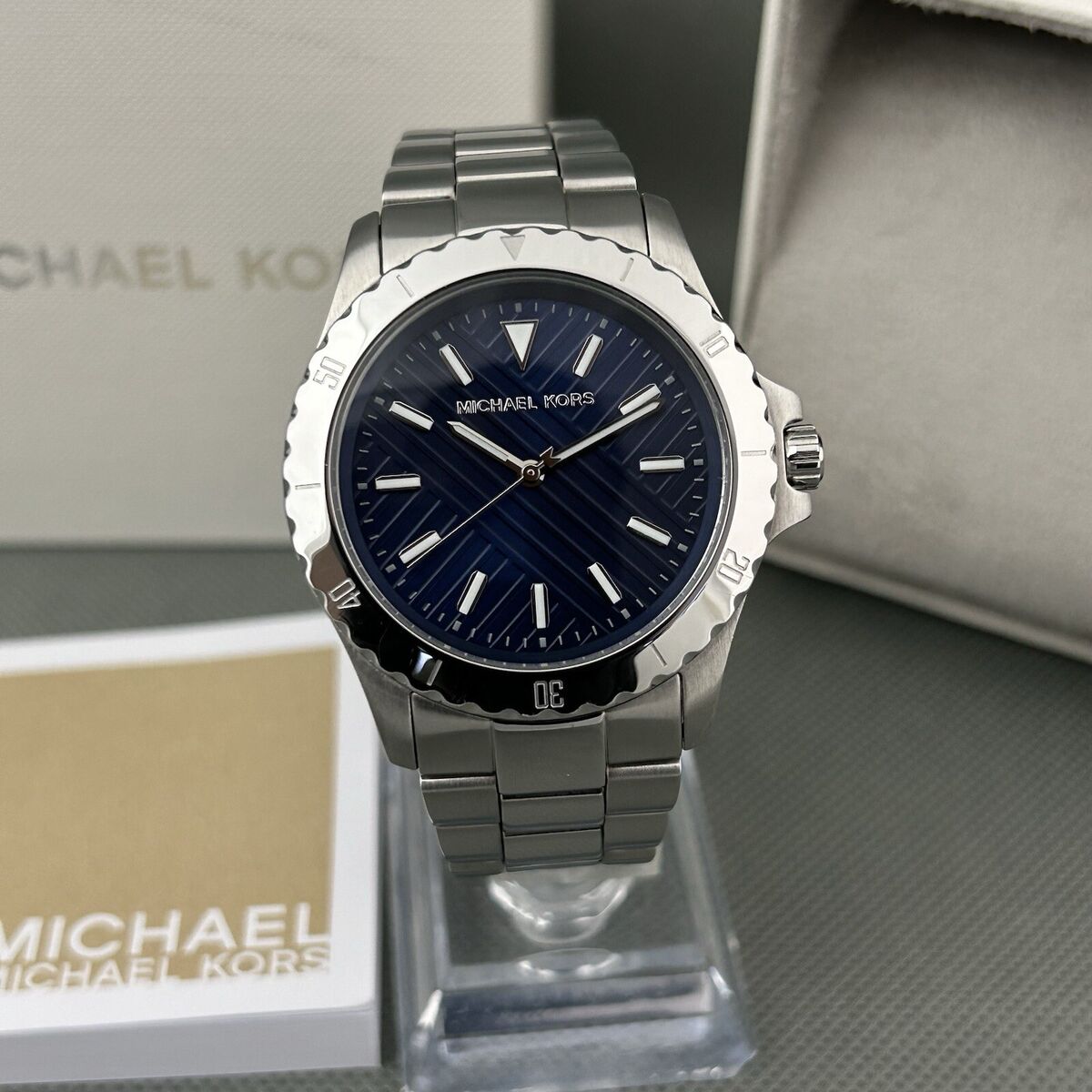 Shop Authentic Michael Kors Everest Three-Hand Blue Dial Silver Steel Strap Watch For Men - MK9079 - Luxxuri