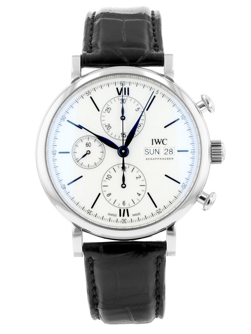 Shop Authentic IWC Portofino Chronograph White Dial Black Leather Strap Watch for Men - IW391024 - Luxxuri