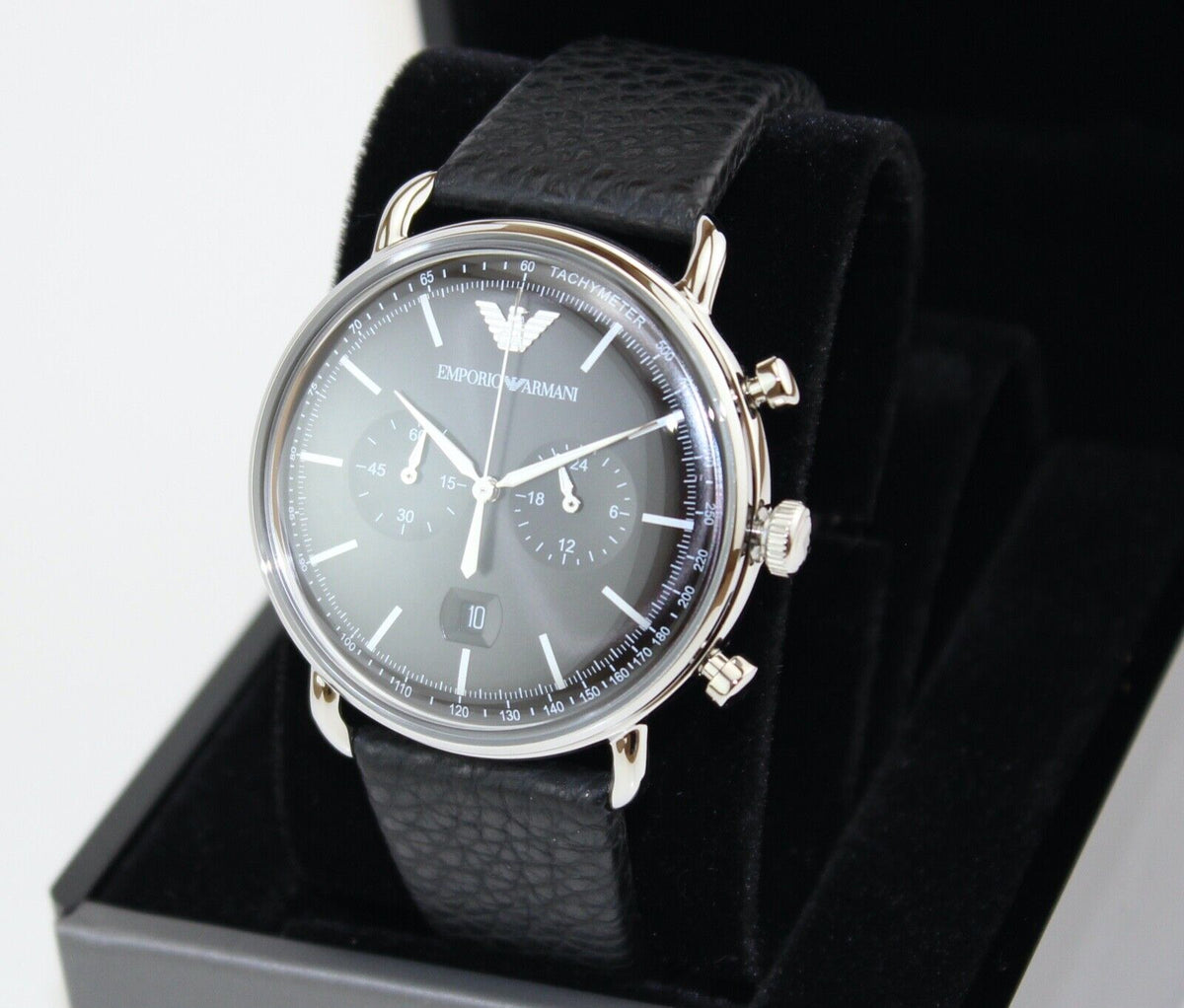 Shop Authentic Emporio Armani Aviator Chronograph Black Dial Black Leather Strap Watch For Men - AR11143 - Luxxuri