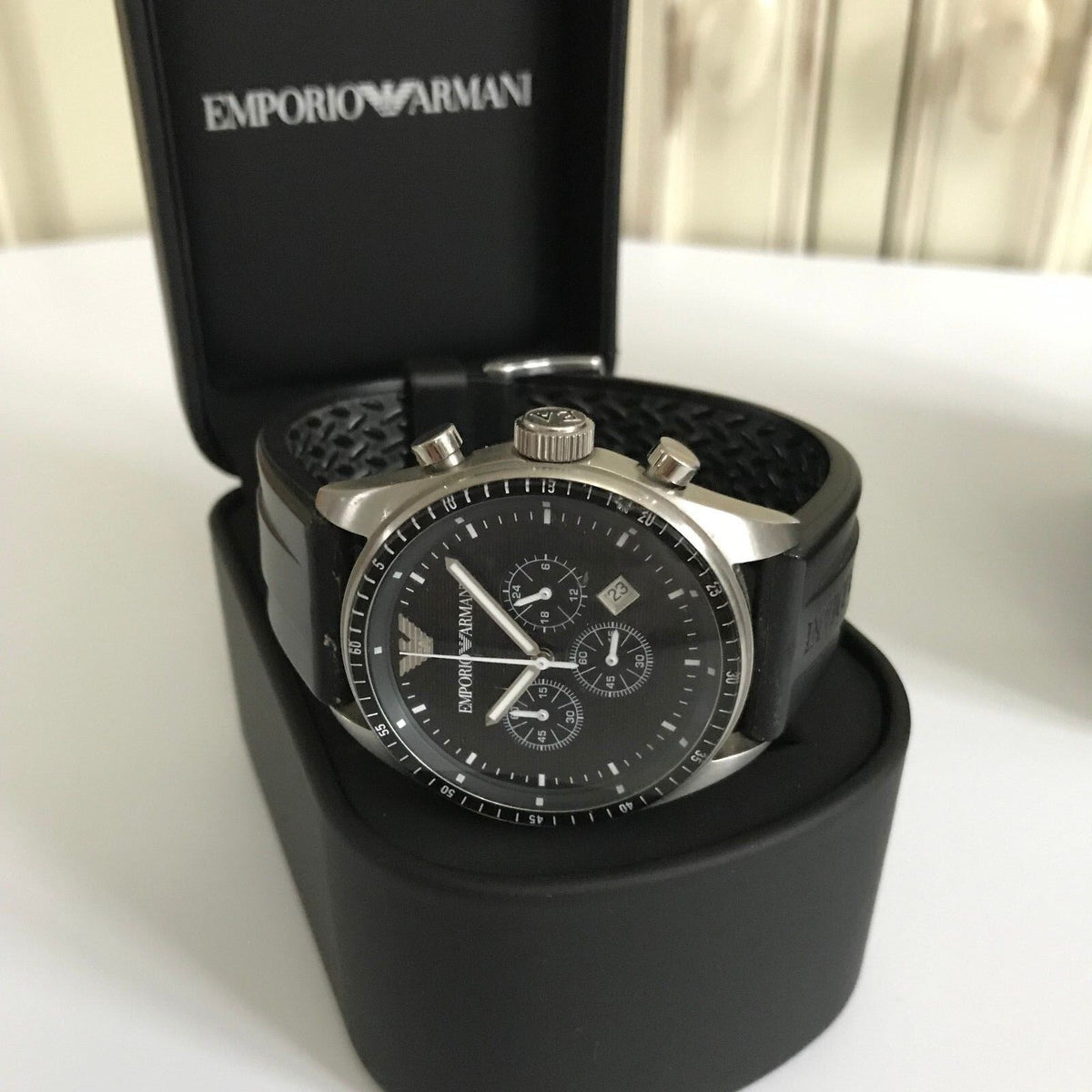 Shop Authentic Emporio Armani Sportivo Chronograph Black Dial Black Rubber Strap Watch For Men - AR0527 - Luxxuri