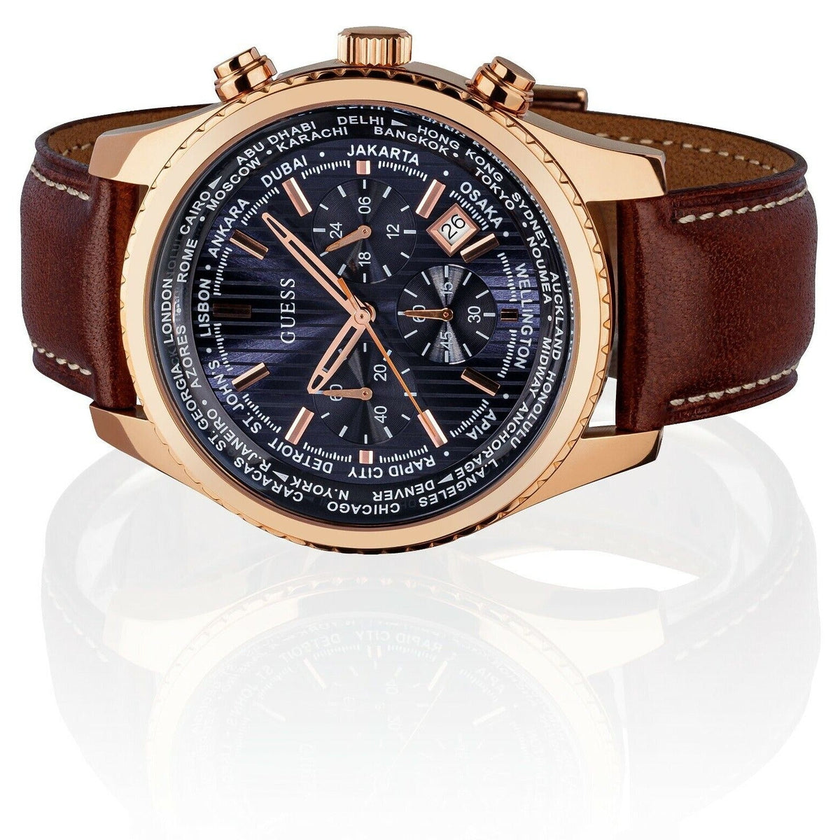 Shop Authentic Guess Persuit Chronograph Blue Dial Brown Leather Strap Watch for Men - W0500G1 - Luxxuri