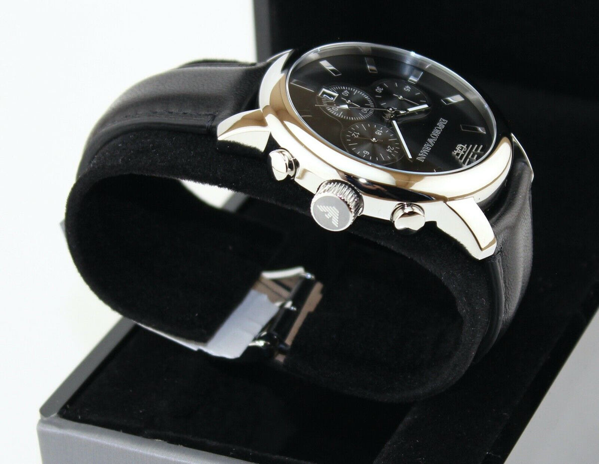 Shop Authentic Emporio Armani Classic Chronograph Black Dial Black Leather Strap Watch For Men - AR0431 - Luxxuri