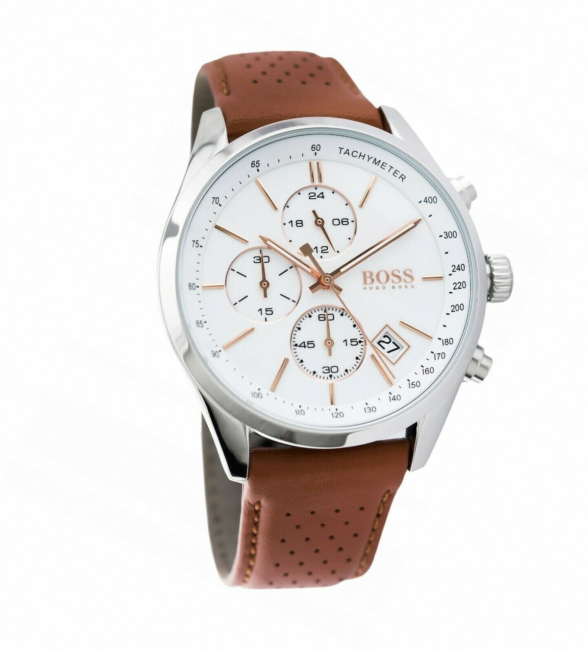 Shop Authentic Hugo Boss Grand Prix White Dial Brown Leather Strap Watch for Men - 1513475 - Luxxuri