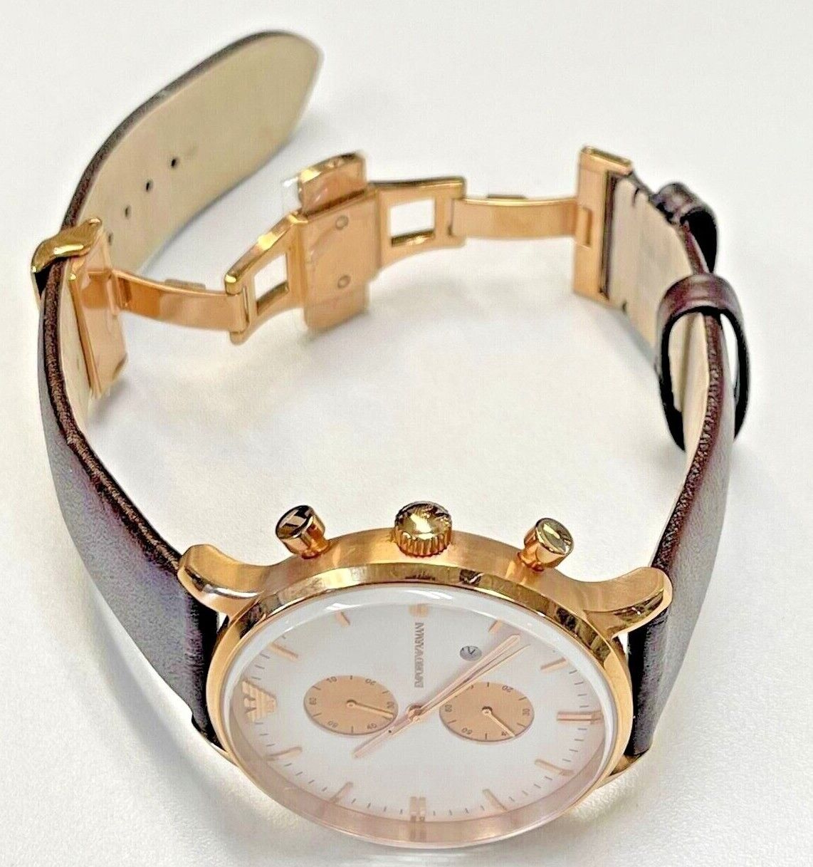 Shop Authentic Emporio Armani Gianni Classic Chronograph White Dial Brown Leather Strap Watch For Men - AR0398 - Luxxuri