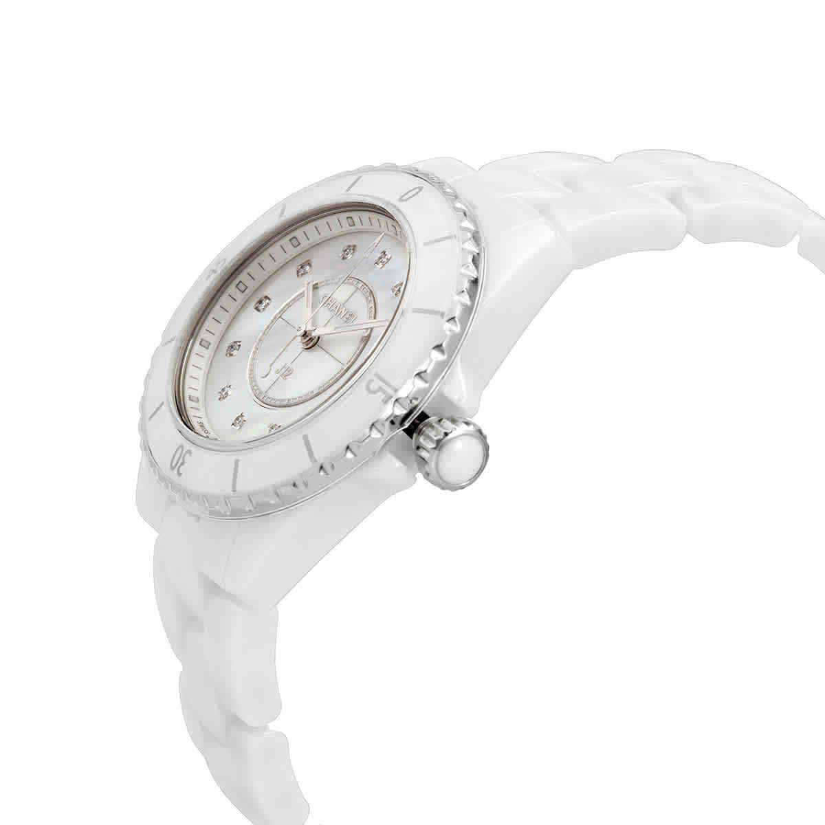 Shop Authentic Chanel J12 Diamonds Mother of Pearl White Dial White Steel Strap Watch for Women - J12 H5704 - Luxxuri