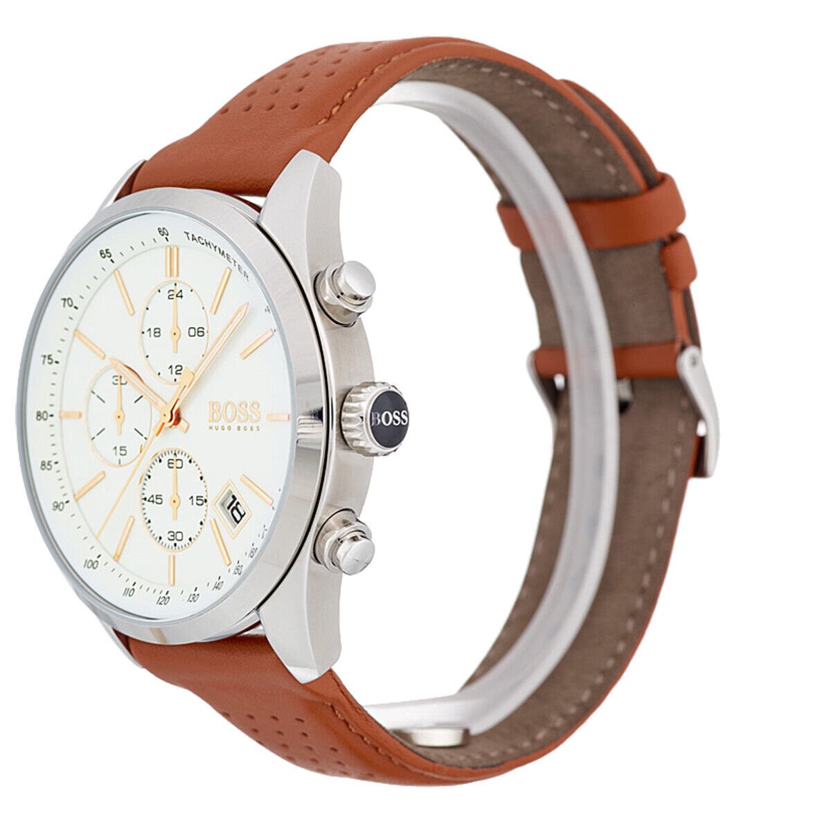 Shop Authentic Hugo Boss Grand Prix White Dial Brown Leather Strap Watch for Men - 1513475 - Luxxuri