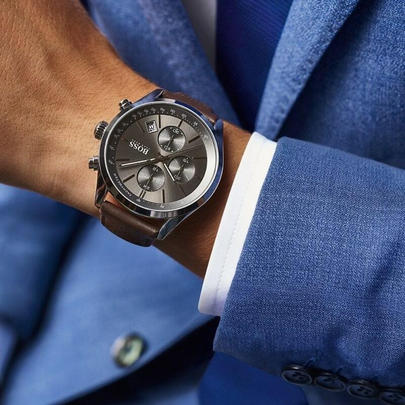 Shop Authentic Hugo Boss Grand Prix Grey Dial Brown Leather Strap Watch for Men - 1513476 - Luxxuri
