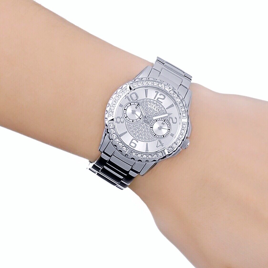 Shop Authentic Guess Sassy Multifunction Quartz Silver Dial Silver Steel Strap Watch For Women - W0705L1 - Luxxuri