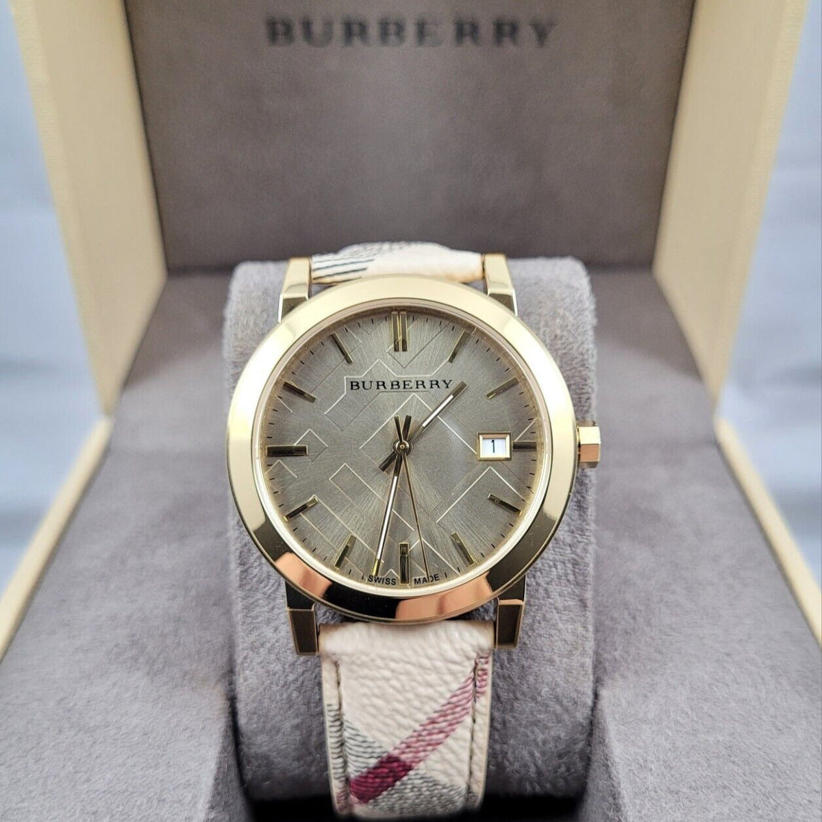 Shop Authentic Burberry The City Gold Dial Haymarket Brown Leather Strap Watch for Women - BU9026 - Luxxuri