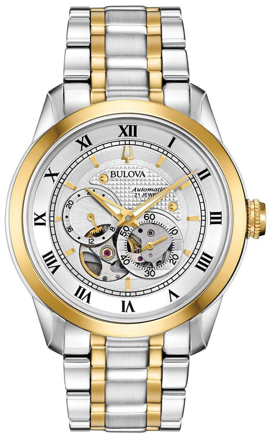 Shop Authentic Bulova BVA Skeleton Silver Dial Two Tone Steel Strap Watch for Men - 98A230 - Luxxuri