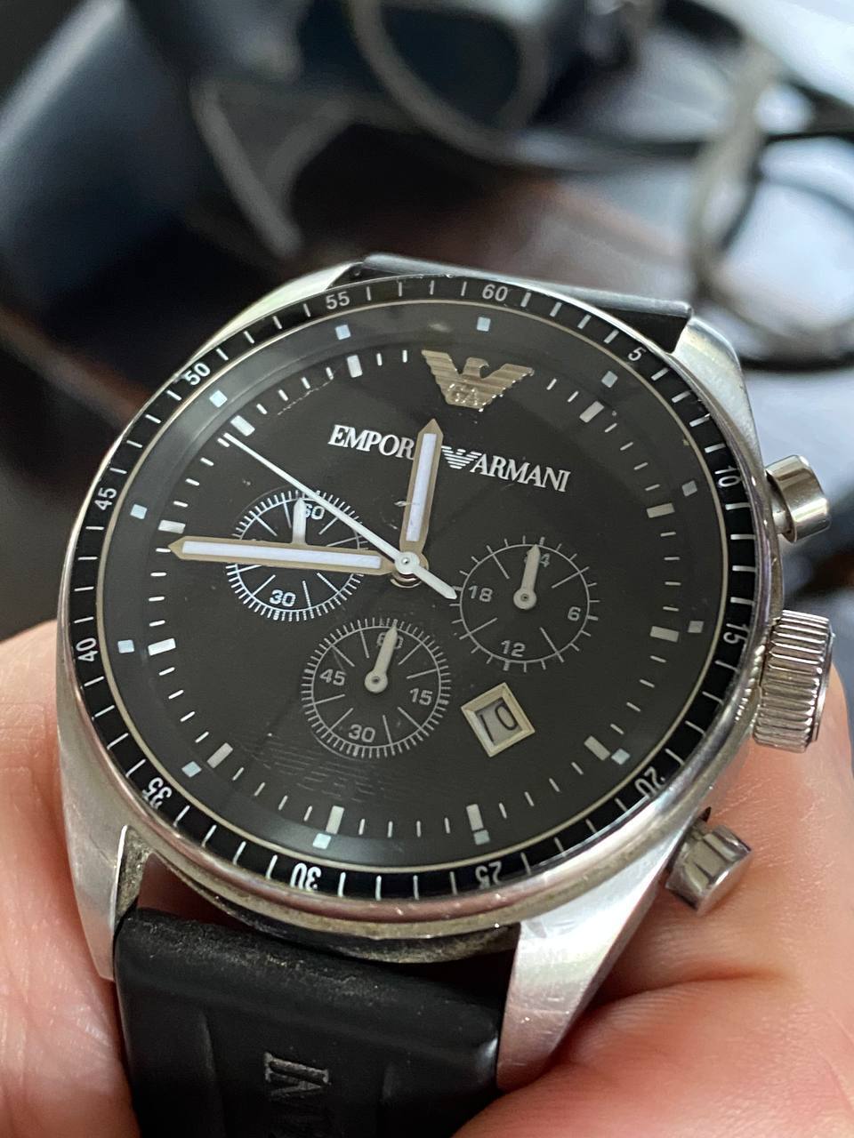 Shop Authentic Emporio Armani Sportivo Chronograph Black Dial Black Rubber Strap Watch For Men - AR0527 - Luxxuri
