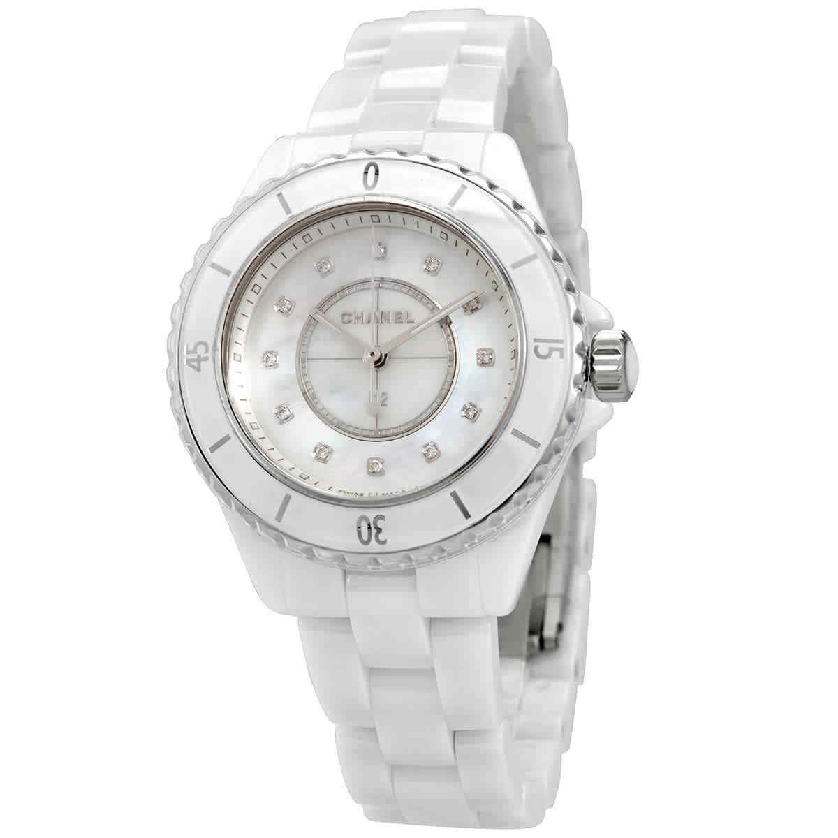 Shop Authentic Chanel J12 Diamonds Mother of Pearl White Dial White Steel Strap Watch for Women - J12 H5704 - Luxxuri