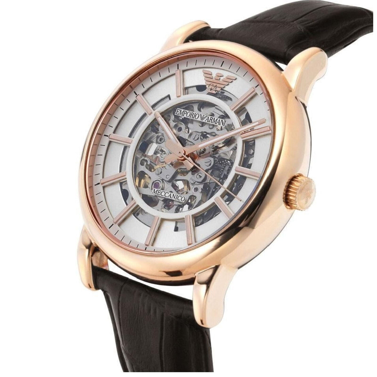 Shop Authentic Emporio Armani Meccanico Silver Skeleton Dial Brown Leather Strap Watch For Men - AR1983 - Luxxuri
