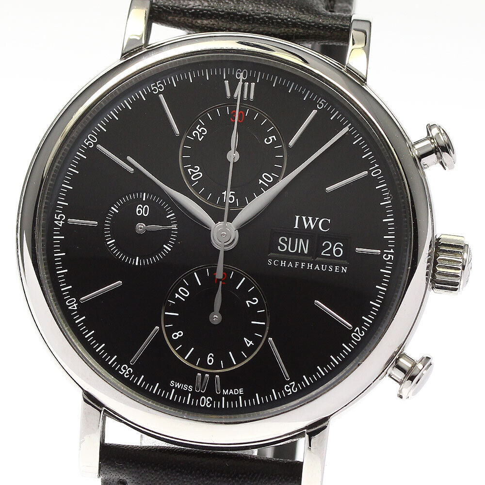 Shop Authentic IWC Portofino Chronograph Black Dial Black Leather Strap Watch for Men - IW391008 - Luxxuri