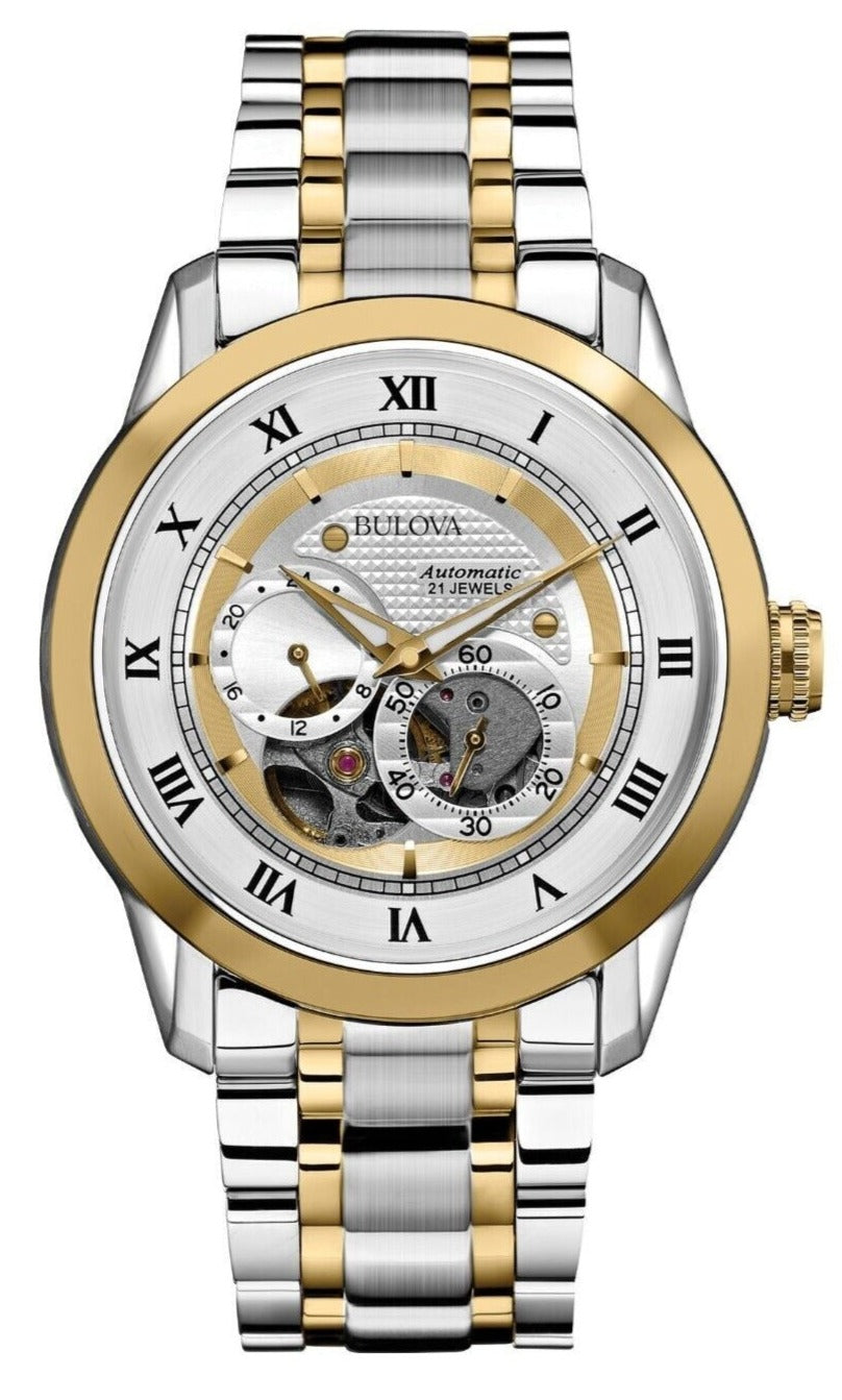 Shop Authentic Bulova BVA Skeleton Silver Dial Two Tone Steel Strap Watch for Men - 98A123 - Luxxuri