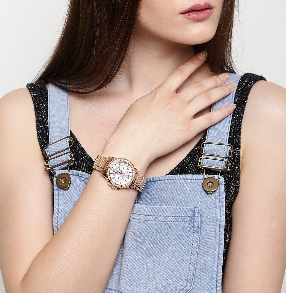 Shop Authentic Guess Sassy Quartz White Dial Rose Gold Steel Strap Watch For Women - W0705L3 - Luxxuri