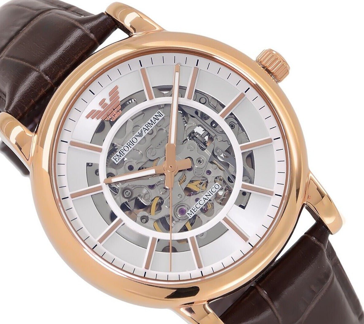 Shop Authentic Emporio Armani Meccanico Silver Skeleton Dial Brown Leather Strap Watch For Men - AR1983 - Luxxuri