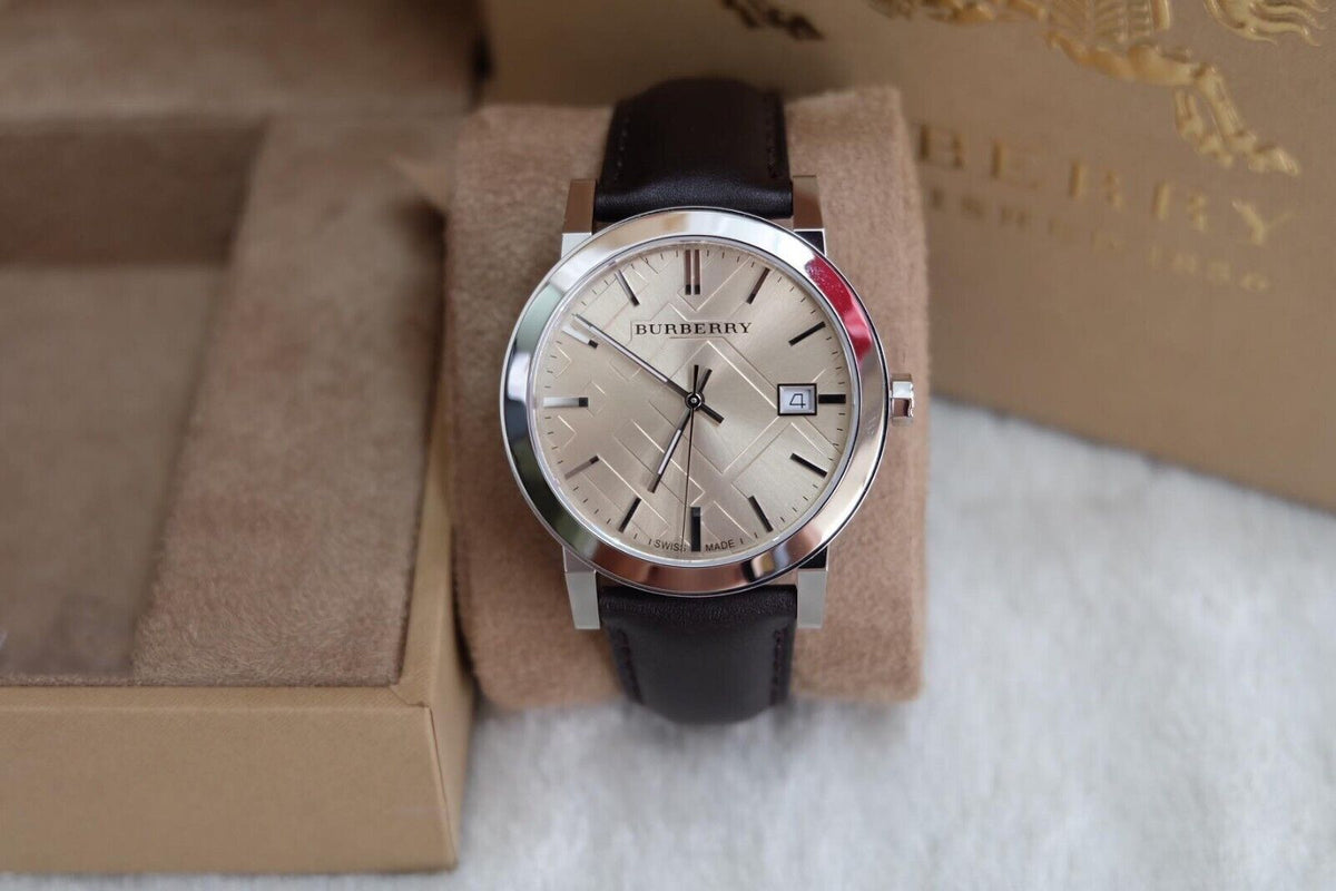 Shop Authentic Burberry The City Gold Dial Brown Leather Strap Watch for Men - BU9011 - Luxxuri