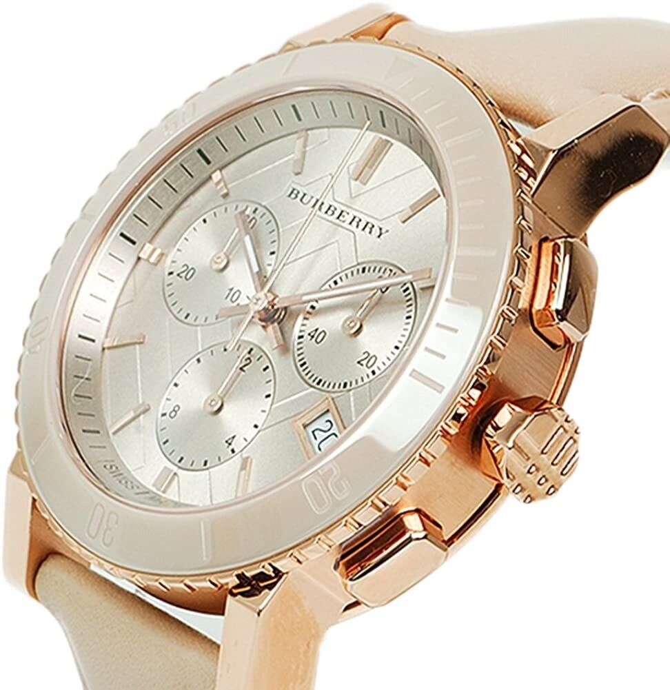 Shop Authentic Burberry Chronograph Rose Gold Dial Beige Leather Strap Watch for Women - BU9704 - Luxxuri