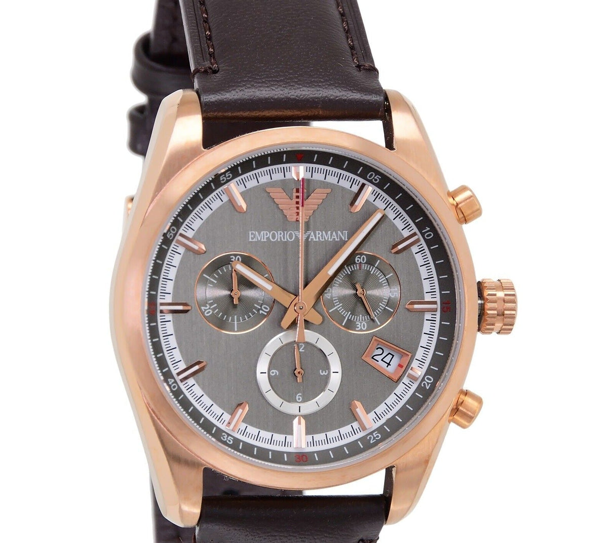 Shop Authentic Emporio Armani Chronograph Gray Dial Brown Leather Strap Watch For Men - AR6043 - Luxxuri