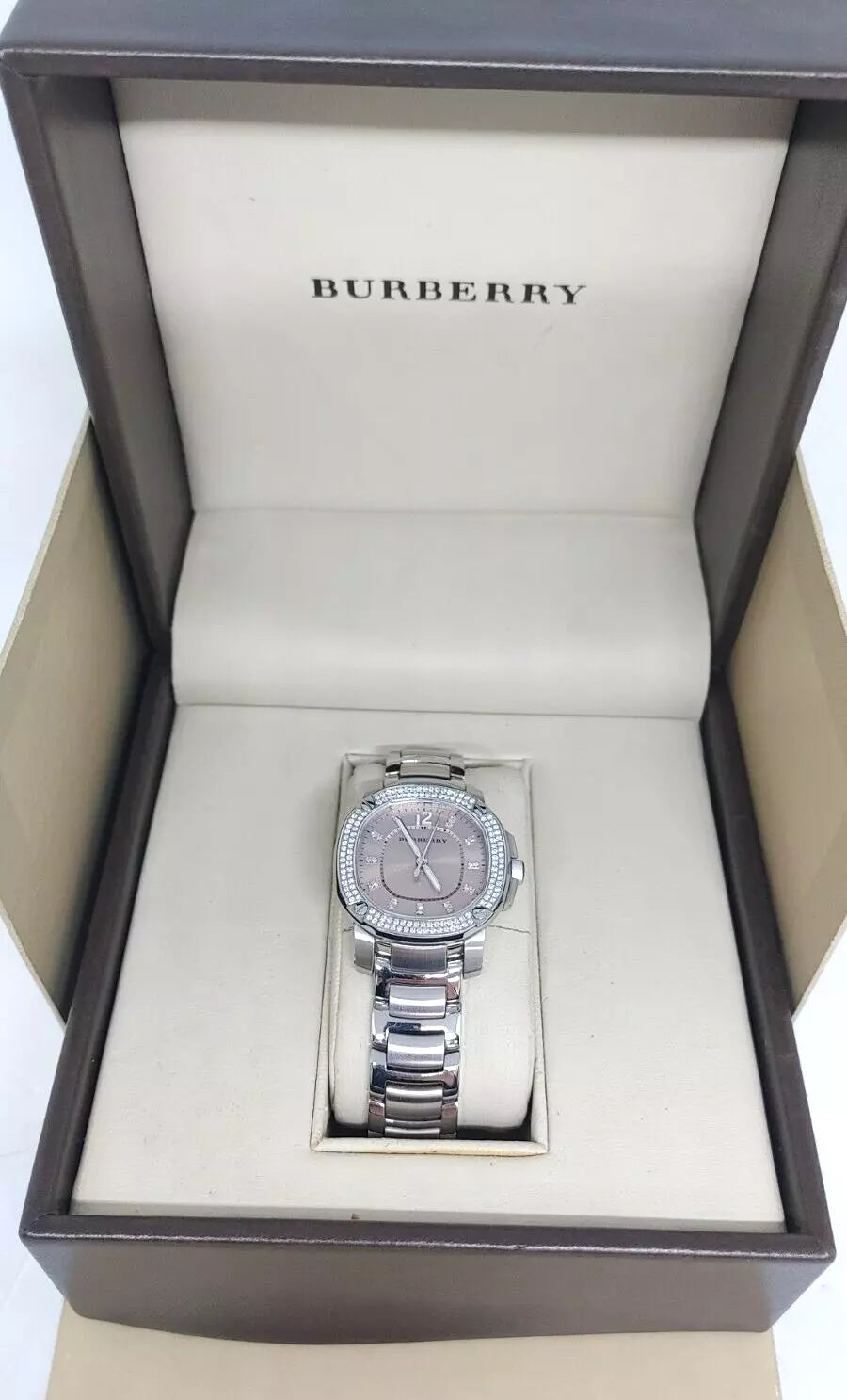 Shop Authentic Burberry The Britain Diamonds Brown Dial Silver Steel Strap Watch for Women - BBY1803 - Luxxuri