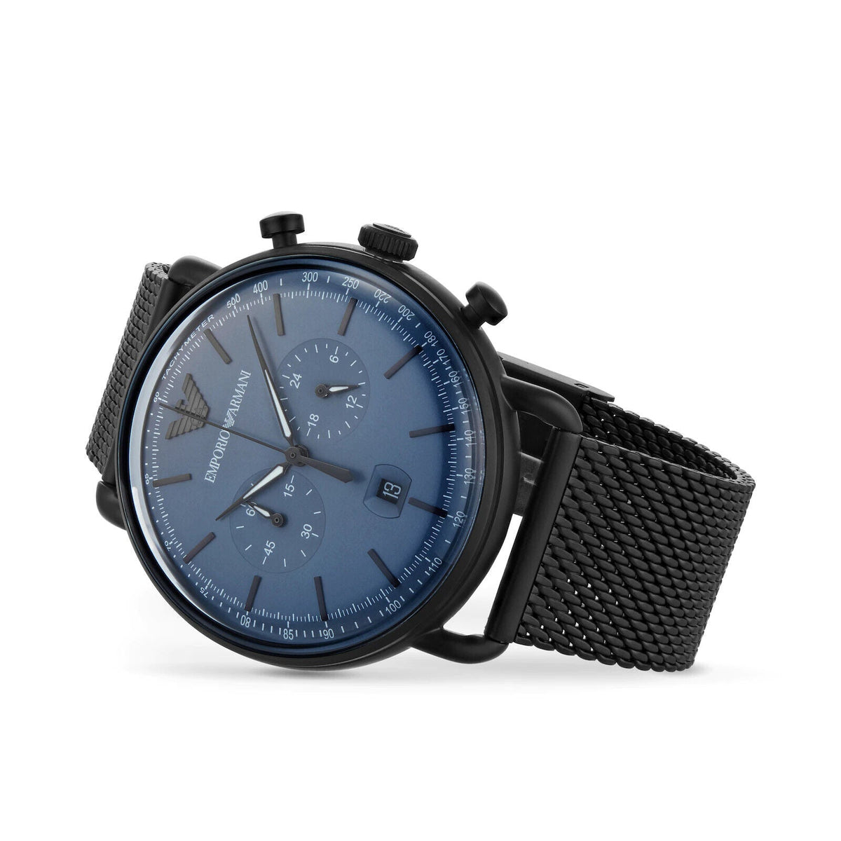 Shop Authentic Emporio Armani Aviator Chronograph Blue Dial Black Mesh Bracelet Watch For Men - AR11201 - Luxxuri