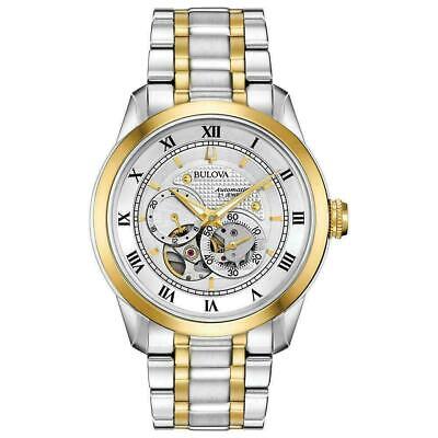 Shop Authentic Bulova BVA Skeleton Silver Dial Two Tone Steel Strap Watch for Men - 98A123 - Luxxuri