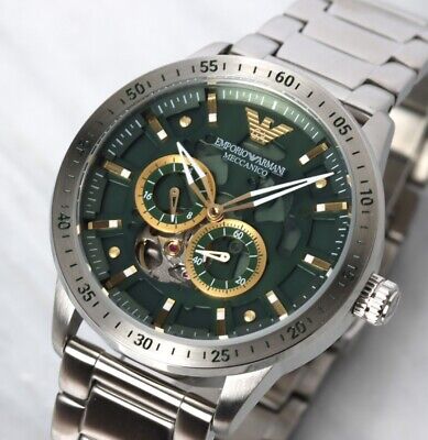 Emporio Armani Meccanico Automatic Green Dial Silver Steel Strap Watch For Men - AR60053