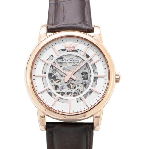 Shop Authentic Emporio Armani Meccanico Silver Skeleton Dial Brown Leather Strap Watch For Men - AR1983 - Luxxuri