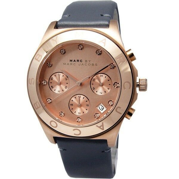 Shop Authentic Marc Jacobs Blade Chronograph Rose Gold Dial Black Leather Strap Watch for Women - MBM1188 - Luxxuri