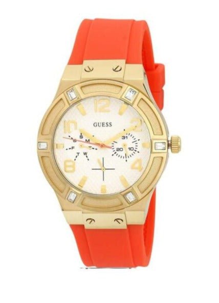 Shop Authentic Guess Jet Setter Golden Dial Orange Rubber Watch For Women - W0564L2 - Luxxuri