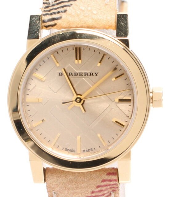 Shop Authentic Burberry The City Gold Dial Haymarket Brown Leather Strap Watch for Women - BU9219 - Luxxuri